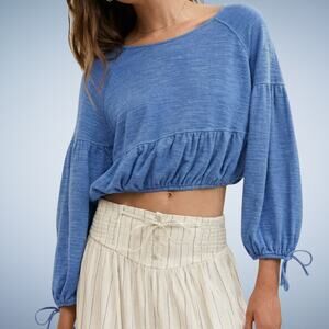 Aerie Endless Summer Cropped Coastal Sweatshirt Blue Tie Cuff Raglan Large